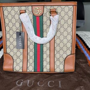 Gucci Beige and Brown Tote with Green and Red Stripes